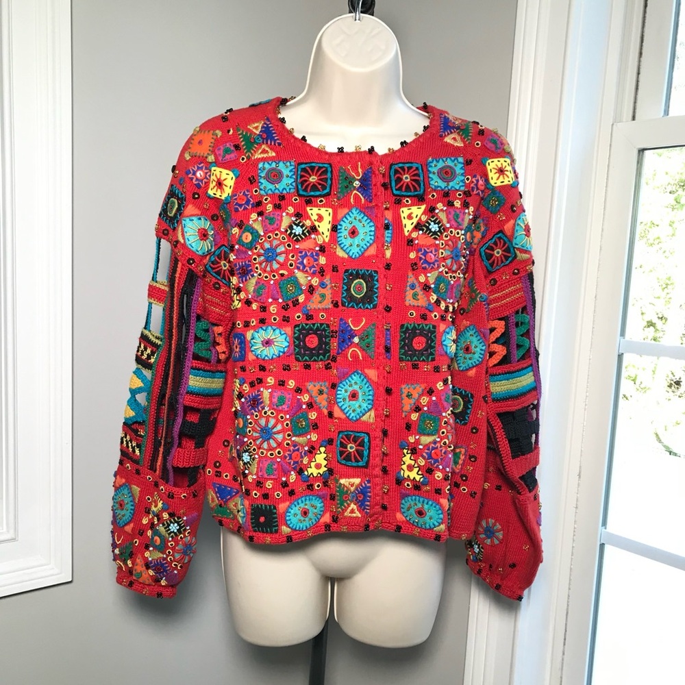 Vintage Michael Simon Red Crochet Cardigan Boho ~ Women’s Large